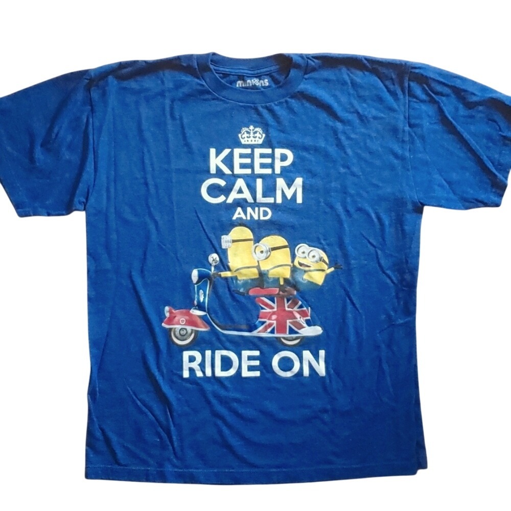 Minions‎ Unisex Keep Calm Ride On Blue Short Sleeve Shirt Size Large